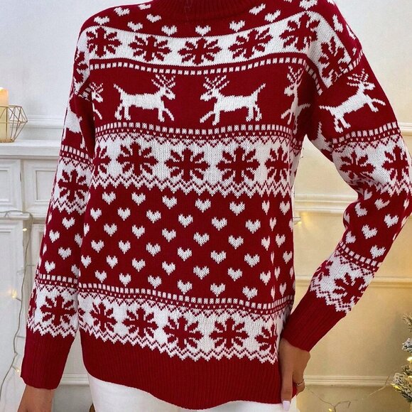 Red Casual Women's Christmas Knit Pullover Drop Shoulder Sweater - Picture 4 of 6